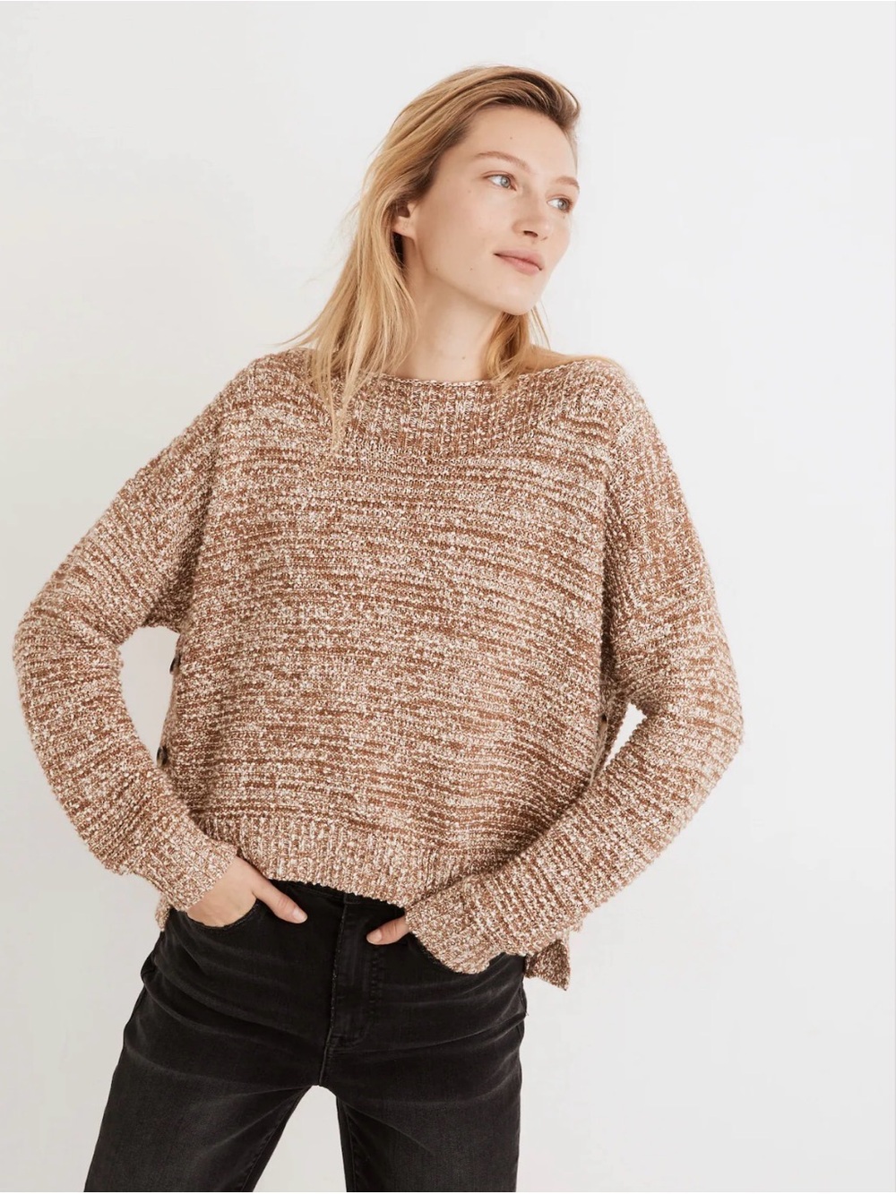 Madewell Side-Button Boatneck Sweater M Marled Tan Brown Knit Boxy Cropped